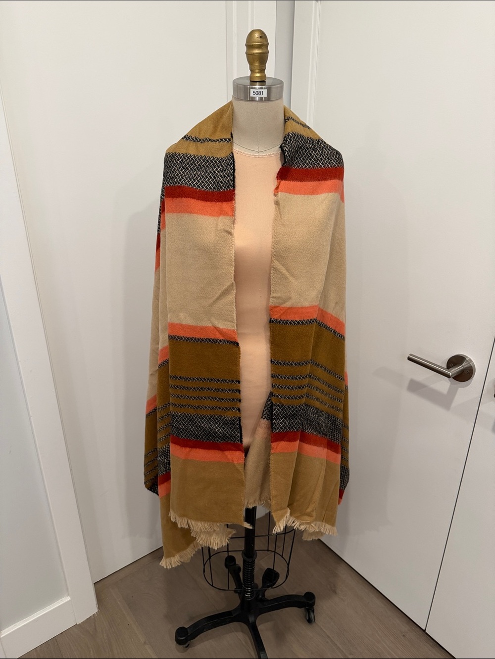 Striped Camel and Red Fringe Wrap Scarf